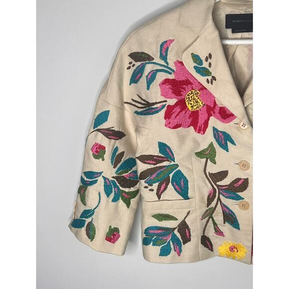 BCBGMaxAzria Embroidered Floral 3/4 Sleeve Cropped Blazer Beige Multi Women's S - Picture 3 of 10